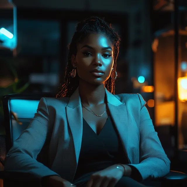 Professional Black woman in home office chair, appearing content in dark room