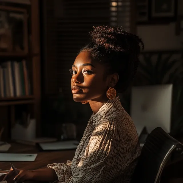Professional black woman in home office, content at desk with computer