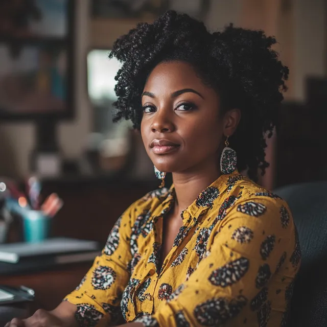 Professional black woman sitting at home office desk, looking content.