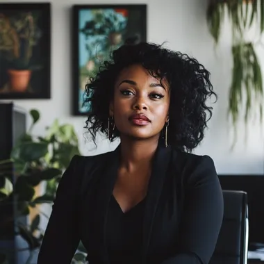 a dramatic photo of a professional black woman sitting in her home office relating, appearing content. this should be a realistic image like a photograph have her facing the camera