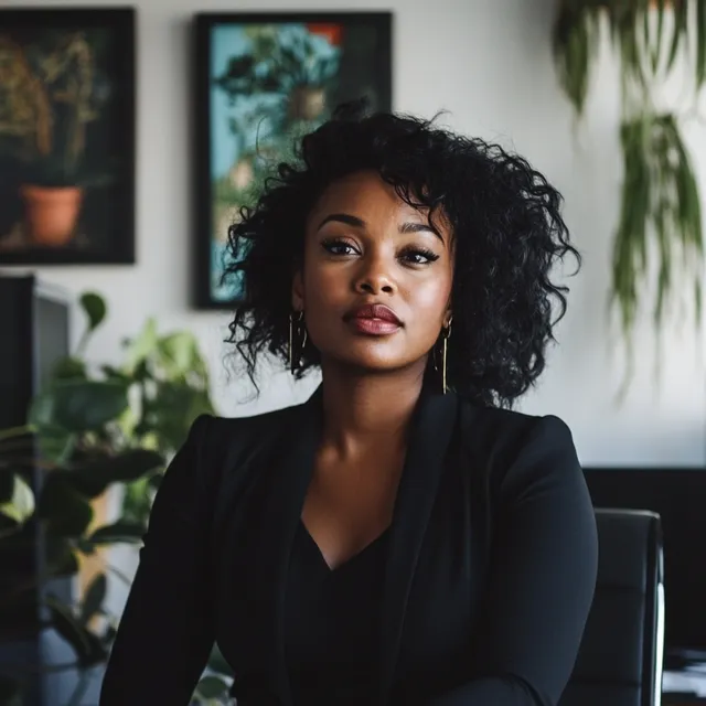 Professional Black Woman in Home Office Looking Content and Engaged