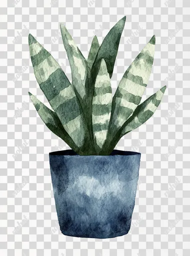The illustration of the snake plant on a white background, in a hand-drawn style, with simple watercolor, light green and dark blue tones, simple lines, and a hand-drawing texture, on a white background, resembling children's book illustrations or woodcut prints, with high-definition resolution, high quality, high detail, high sharpness, high contrast, and high-quality photography.