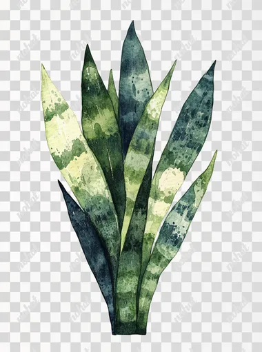 The illustration of the snake plant on a white background, in a hand-drawn style, with simple watercolor, light green and dark blue tones, simple lines, and a hand-drawing texture, on a white background, resembling children's book illustrations or woodcut prints, with high-definition resolution, high quality, high detail, high sharpness, high contrast, and high-quality photography.