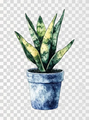 The illustration of the snake plant on a white background, in a hand-drawn style, with simple watercolor, light green and dark blue tones, simple lines, and a hand-drawing texture, on a white background, resembling children's book illustrations or woodcut prints, with high-definition resolution, high quality, high detail, high sharpness, high contrast, and high-quality photography.