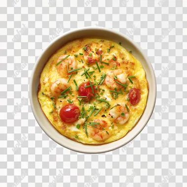 photography of Omelette aux crevettes & fromage, like Paul restaurant, top view, white background rofile tgephex