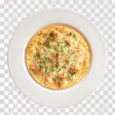 photography of Omelette aux crevettes & fromage, like Paul restaurant, top view, white background rofile tgephex