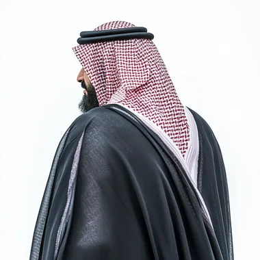 Sheikh of Saudi Arabia stands with his back to the camera, his beard is barely visible, only his head and a little bit of his shoulders are visible in close-up, on a white background