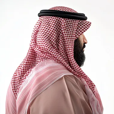 Sheikh of Saudi Arabia stands with his back to the camera, his beard is barely visible, only his head and a little bit of his shoulders are visible in close-up, on a white background
