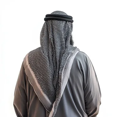 Sheikh of Saudi Arabia stands with his back to the camera, his beard is barely visible, only his head and a little bit of his shoulders are visible in close-up, on a white background