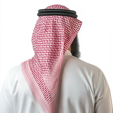 Sheikh of Saudi Arabia stands with his back to the camera, his beard is barely visible, only his head and a little bit of his shoulders are visible in close-up, on a white background