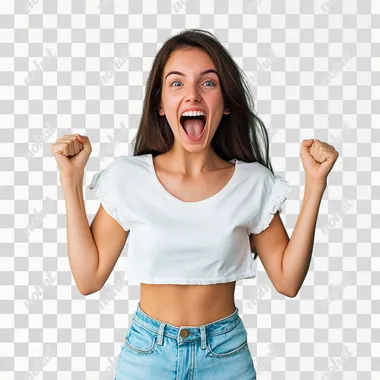 Beautiful young woman wearing casual clothes celebrating amazed success and open eyes screaming excited. winner concept, showing iems by both hand, both side