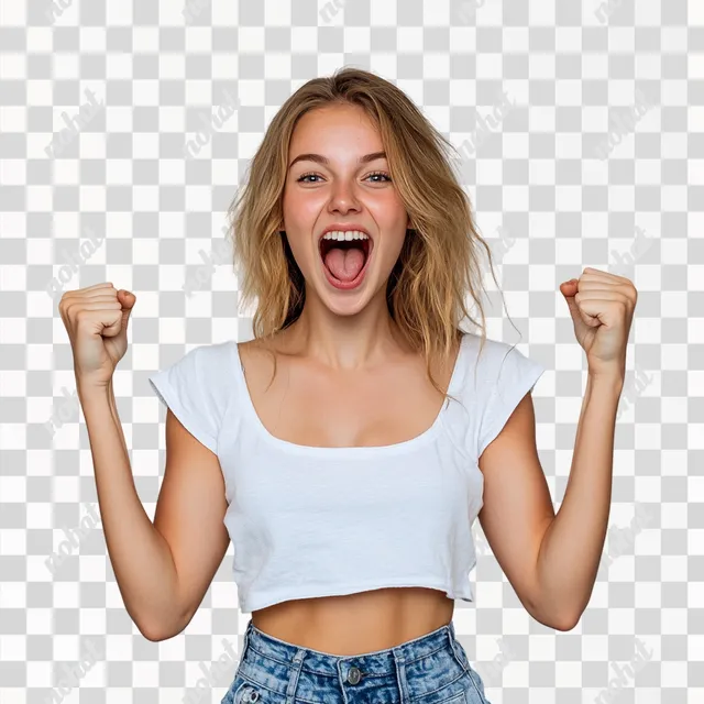 PNG Young woman in white shirt and jean shorts celebrating success outdoors