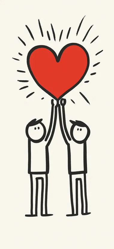 A simple drawing of two people holding up a heart, designed in the style of Keith Haring, with a white background, red and black lines, in a cartoon style, a flat illustration with simple details and minimalism, with white space around the edges, and high resolution.