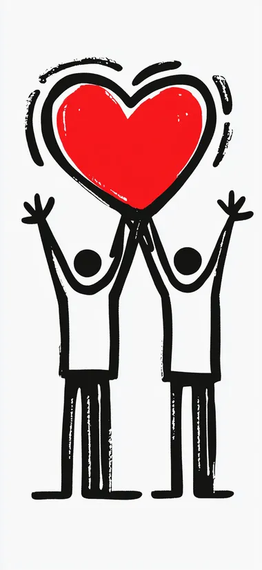 A simple drawing of two people holding up a heart, designed in the style of Keith Haring, with a white background, red and black lines, in a cartoon style, a flat illustration with simple details and minimalism, with white space around the edges, and high resolution.
