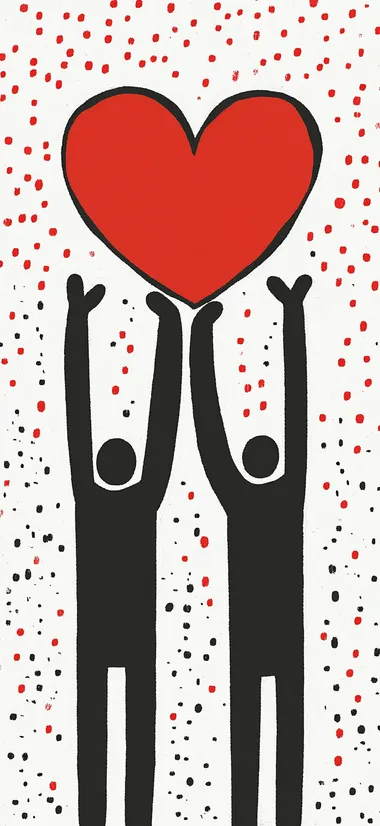 A simple drawing of two people holding up a heart, designed in the style of Keith Haring, with a white background, red and black lines, in a cartoon style, a flat illustration with simple details and minimalism, with white space around the edges, and high resolution.