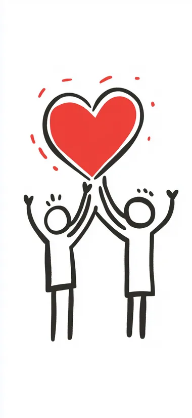 A simple drawing of two people holding up a heart, designed in the style of Keith Haring, with a white background, red and black lines, in a cartoon style, a flat illustration with simple details and minimalism, with white space around the edges, and high resolution.