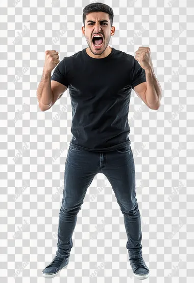 Full body shot an aggressive UAE man in casual clothes shouts at camera, shows his teeth and holds fingers in tight fists. Aggression and attacking. Negative reaction. Shouting man, isolated on white background.