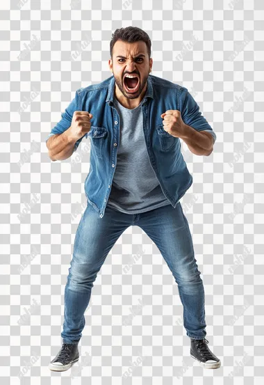 Full body shot an aggressive UAE man in casual clothes shouts at camera, shows his teeth and holds fingers in tight fists. Aggression and attacking. Negative reaction. Shouting man, isolated on white background.