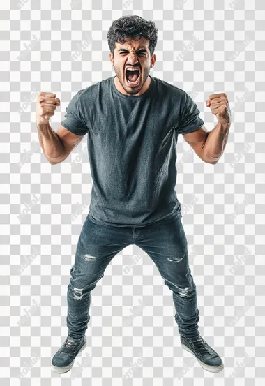 Full body shot an aggressive UAE man in casual clothes shouts at camera, shows his teeth and holds fingers in tight fists. Aggression and attacking. Negative reaction. Shouting man, isolated on white background.