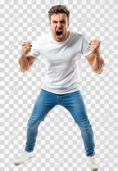 Full body shot an aggressive UAE man in casual clothes shouts at camera, shows his teeth and holds fingers in tight fists. Aggression and attacking. Negative reaction. Shouting man, isolated on white background.