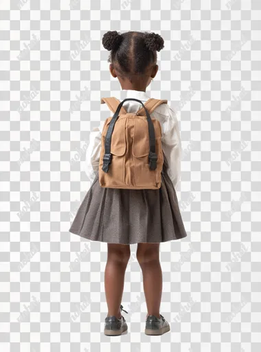 half side view photo of the back of a 6 year old girl, black American skin, hands down, short hair, subtle smile, white school blouse with backpack on her shoulders, shoes, school skirt, full body, volumetric lighting, white background, shutterstock