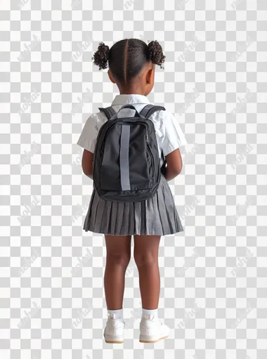 half side view photo of the back of a 6 year old girl, black American skin, hands down, short hair, subtle smile, white school blouse with backpack on her shoulders, shoes, school skirt, full body, volumetric lighting, white background, shutterstock