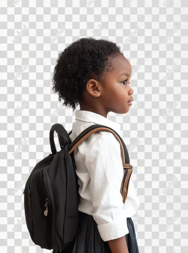 half side view photo of the back of a 6 year old girl, black American skin, hands down, short hair, subtle smile, white school blouse with backpack on her shoulders, shoes, school skirt, full body, volumetric lighting, white background, shutterstock