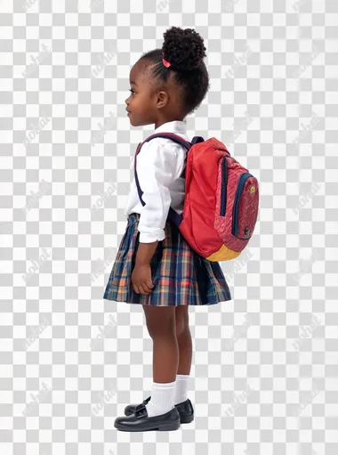half side view photo of the back of a 6 year old girl, black American skin, hands down, short hair, subtle smile, white school blouse with backpack on her shoulders, shoes, school skirt, full body, volumetric lighting, white background, shutterstock