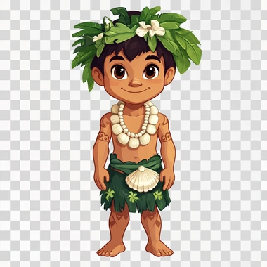 a cartoon image of a CHamoru boy wearing traditional chamorro outfit of a green loincloth (gupot) and a short white large shell necklace (salg?guan) and traditional hats (kareta). whole body image