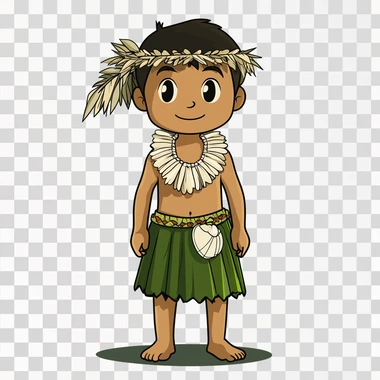 a cartoon image of a CHamoru boy wearing traditional chamorro outfit of a green loincloth (gupot) and a short white large shell necklace (salg?guan) and traditional hats (kareta). whole body image