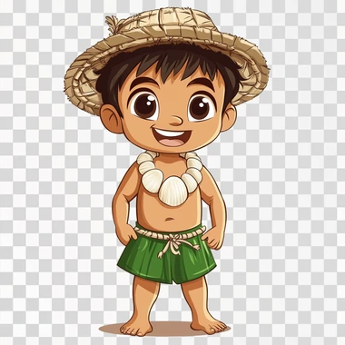a cartoon image of a CHamoru boy wearing traditional chamorro outfit of a green loincloth (gupot) and a short white large shell necklace (salg?guan) and traditional hats (kareta). whole body image
