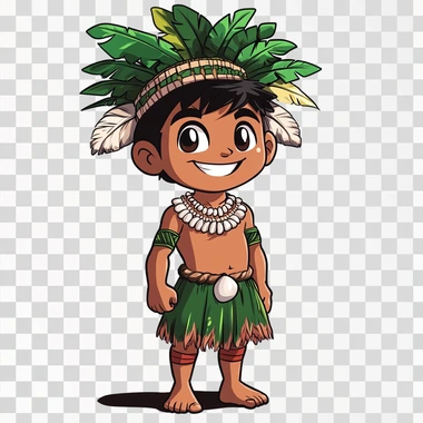 a cartoon image of a CHamoru boy wearing traditional chamorro outfit of a green loincloth (gupot) and a short white large shell necklace (salg?guan) and traditional hats (kareta). whole body image