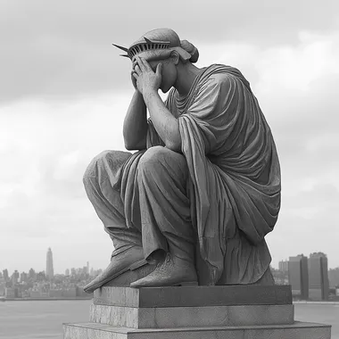 Statue of Liberty seated on her pedestal with her head in her hands and her torch extinguished by her feet