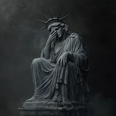 Statue of Liberty seated on her pedestal with her head in her hands and her torch extinguished by her feet