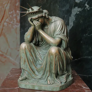 Statue of Liberty seated on her pedestal with her head in her hands and her torch extinguished by her feet