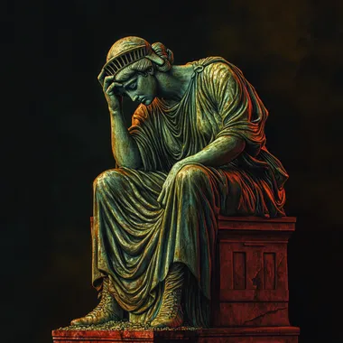 Statue of Liberty seated on her pedestal with her head in her hands and her torch extinguished by her feet