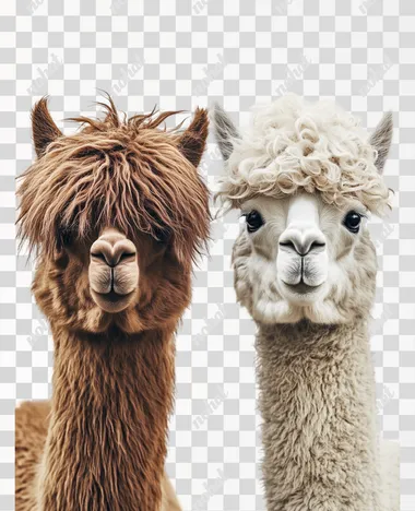 two alpacas, funny hairstyle, long curly hair, realistic, 4k, white background