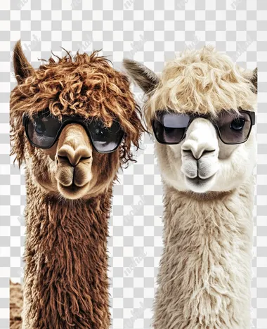 two alpacas, funny hairstyle, long curly hair, realistic, 4k, white background