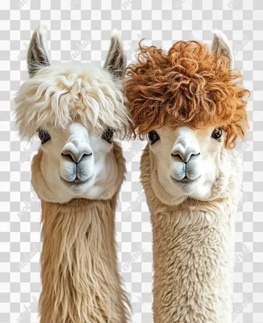 two alpacas, funny hairstyle, long curly hair, realistic, 4k, white background