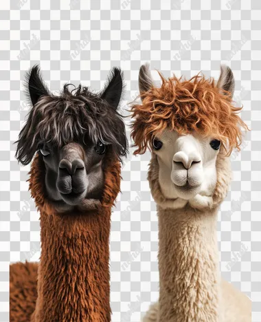 two alpacas, funny hairstyle, long curly hair, realistic, 4k, white background