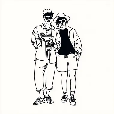 monochrome vector-style illustration, simple line art on white background, young man and woman standing close together in a candid, photo-like pose, one of them holding a cup of noodles or ramen bowl, both dressed in music festival attire (e.g. sunglasses, hats, casual layered clothing, accessories), clean minimal outlines, no background, stylish and youthful, suitable for branding --s 50