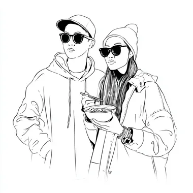 monochrome vector-style illustration, simple line art on white background, young man and woman standing close together in a candid, photo-like pose, one of them holding a cup of noodles or ramen bowl, both dressed in music festival attire (e.g. sunglasses, hats, casual layered clothing, accessories), clean minimal outlines, no background, stylish and youthful, suitable for branding --s 50
