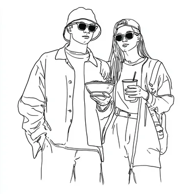 monochrome vector-style illustration, simple line art on white background, young man and woman standing close together in a candid, photo-like pose, one of them holding a cup of noodles or ramen bowl, both dressed in music festival attire (e.g. sunglasses, hats, casual layered clothing, accessories), clean minimal outlines, no background, stylish and youthful, suitable for branding --s 50