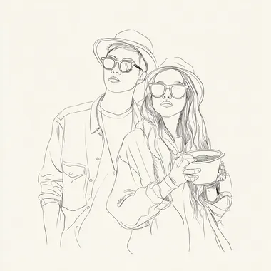 monochrome vector-style illustration, simple line art on white background, young man and woman standing close together in a candid, photo-like pose, one of them holding a cup of noodles or ramen bowl, both dressed in music festival attire (e.g. sunglasses, hats, casual layered clothing, accessories), clean minimal outlines, no background, stylish and youthful, suitable for branding --s 50