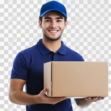 Half body realistic photo on white background, of a smiling young man with short dark hair, wearing a royal blue polo shirt and a royal blue cap, handing over a large box