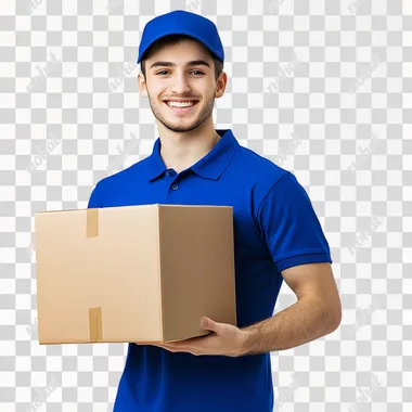 Half body realistic photo on white background, of a smiling young man with short dark hair, wearing a royal blue polo shirt and a royal blue cap, handing over a large box