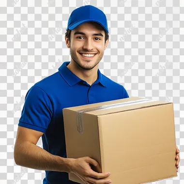Half body realistic photo on white background, of a smiling young man with short dark hair, wearing a royal blue polo shirt and a royal blue cap, handing over a large box