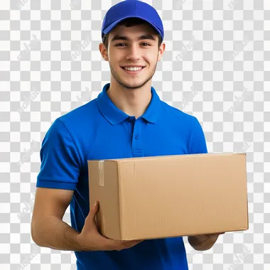 Half body realistic photo on white background, of a smiling young man with short dark hair, wearing a royal blue polo shirt and a royal blue cap, handing over a large box