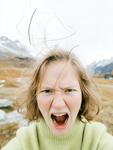 A sad woman in light green is screaming in the mountains   760337932 rofile qnokz2n  --sv 4