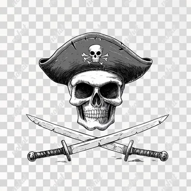 skull with a pirate hat, two sabers crossed under it, cartoon style, white background  --s 50